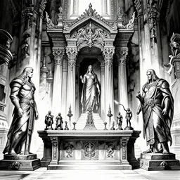 an altar of a temple, art by james jean and wayne barlowe and moebius, black and white ink illustration, high details, contrasted colors, cinematic, cgsociety 8 k