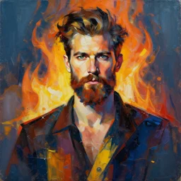 abstract painting of man on fire, handsome. Bearded. by craig mullins, featured on artstation. Portrait.