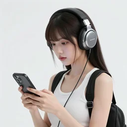 a girl with headphones is looking at her cell phone, cyberpunk art by Yuumei, cg society contest winner, rayonism, daz3d, vaporwave, deviantart hd