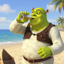 shrek drinking alcohol on a beach
