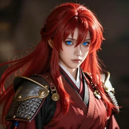 dollfie in samurai suit, red hair, blue eyes,