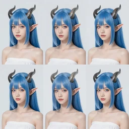 triptych of youthful female feminine horned tiefling female bard with long bob cut blue hairstyle, her skin is tangerine, she has immaculate skin and pure black eyes and is wearing colorful leather armor by rossdraws,