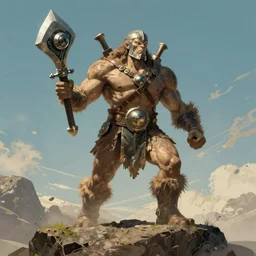 muscular martian barbarian, standing on boulder, holding weapon in both hands, science fiction pulp illustration