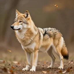 professional stylized full - body digital art of a side profile of a tan tibetan wolf, cream and brown fur, fluffy, falling leaves, hd, 8 k, highly detailed, high quality, cute