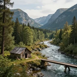 a shack in the woods near a river, bridge over river, two mountains in background, rivers flow from in between mountains, realistic, octane render, ultra detailed, artstation award winner