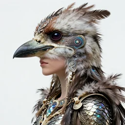 3 d goddess close - up profile portrait with feathers, fur, and bones wearing a beautiful intricately detailed kookaburra mask and retrowave sorceress outfit. lizard scales, reflective chitin, optical mineralogy, songlines, plasma, creature, artwork by tooth wu and android jones wlop and android jones and beeple and greg rutkowski