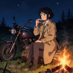 An anime girl with short black hair and green eyes in a tan trenchcoat sitting on a log and drinking tea by the campfire by her motorcycle at night under the stars in the style of Jakub Rozalski, evocative, mystical night, detailed, award winning, masterpiece digital painting by Greg Rutkowski, Alex Grey, artstation, 4k wallpaper