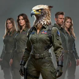 epic professional digital art of female anthropomorphic human - eagle hybrid, wearing human air force jumpsuit, humanoid feathered head, eagle beak, painted, by lisa roet, leesha hannigan, wayne haag, iris van herpen, artstation, cgsociety, epic, much wow, much detail, gorgeous, detailed, cinematic, masterpiece