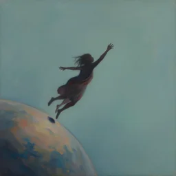 abstract painting illustrating a creature jumping from the edge of a planet, its hands are reaching for something in the sky. no details, fantasy art, artstation, trending, ultra detailed, emotional