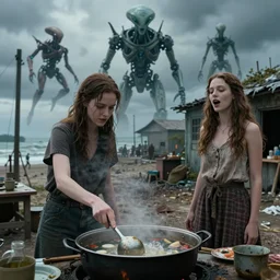 she makes the deep boil. dark fantasy story about two casually - dressed women in a dirty seaside town, a globster, and a beautiful song. color cinematic still from an action - packed 2 0 1 1 hovering!! hybridizing alien - robot invasion science - fiction blockbuster movie ; highly - detailed.