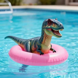 a velociraptor sitting on a pink pool floatie inside of a swimming pool, 4 k, award - winning photography, high exposure, low depth of field