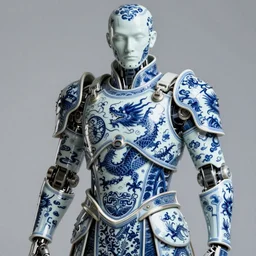 man wearing porcelain cyborg armor, Chinese Kangxi Blue and white dragon pattern porcelain, diffuse lighting, fantasy, intricate, elegant, highly detailed, lifelike, photorealistic, digital painting, artstation, illustration, concept art, smooth, sharp focus, art by John Collier and Albert Aublet and Krenz Cushart and Artem Demura and Alphonse Mucha