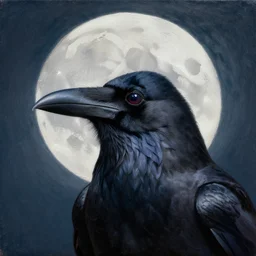 close up portrait of a crow in front of the full big moon, oil on canvas, intricate, portrait, 8k highly professionally detailed, HDR, CGsociety