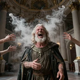 hyper realistic photo in a baroque hall, a celtic weathered old man with aesthetic woman's laughter and screaming face, feedback loop, burst of powders, spraying liquid, volumetric lighting, twisting vapour, bellowing dust, emerging hands, full colour, upscale, 4 k