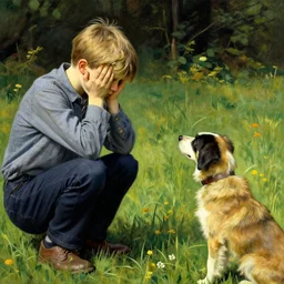 A sad boy with his hands at his face looking to a dog, artwork by Norman Rockwell, cinematic view, high quality