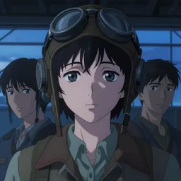 a film still of a sad aviator girl, finely detailed features, closeup at the faces, perfect art, dusk, blue hour, at a hangar, gapmoe yandere grimdark, trending on pixiv fanbox, painted by greg rutkowski makoto shinkai takashi takeuchi greg rutkowski, alphonse mucha, akihiko yoshida