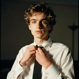 color 35mm film still of young skinny Aaron Paul dressing elegantly, figure portrait