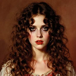 a beautiful but sinister girl who looks like shirley henderson or possibly a young helena bonham carter in layers of fear, with haunted eyes and curly hair, 1 9 7 0 s, seventies, delicate embellishments, a little blood, crimson, painterly, offset printing technique, by jules bastien - lepage