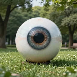 a photorealistic picture of a large eyeball in the middle of a park