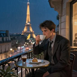 gentleman drinking coffee at balcony in france, city with eiffel tower, late night raining, detailed characters, by greg rutkowski, alphonse mucha, beeple, sharp focus, digital art, smooth, light refraction, pixiv art, volumetric lighting, makoto shinkai