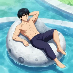 one punch man lounging on the moon at a pool