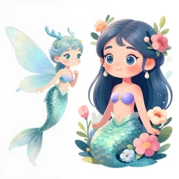 magical illustration of ethereal fantasy creature, beautiful fairie, mermaid, female portrait with flowers, whimsical big - eyed character accompanied by animals and birds, line art