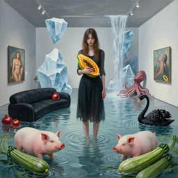 painting of a flooded modern art gallery and a tall emo girl holding a papaya, wasabi, art gallery interior, pig, courgette, waterfall, black lounge, sensual, organic, icebergs, pomegranates, octopus, zen, black swans, courgettes, berries, surrealist, by magritte and monet