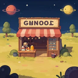 in front of a [ [ [ general store ] ] ] in a remote outpost, on an alien planet, from a space themed point and click 2 d graphic adventure game, art inspired by abraham hunter