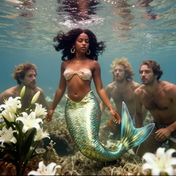 film still, eastman exr 5 0 d 5 2 4 5 / 7 2 4 5, underwater photography full body portrait of a dark skin mermaid haitian goddess, white lilies, daylight, highly detailed, smooth, sharp focus, warm lighting, by dmitry laudin by andrei riabovitchev, by peter mohrbacher, by gustave dore