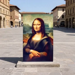 A colorful marble sculpture of The Mona Lisa in the middle of an empty Italian piazza without people, midday, 4k photograph, sunny day, long shot