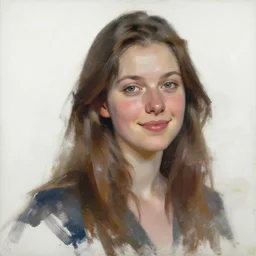 portrait painting of woman from scandinavia, 2 0, years old, daz, occlusion, smiling and looking directly, brushstrokes, white background, art