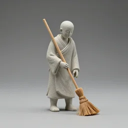 a monk holding a broom sweeping floor, miniature minimal sculpture of stone and wood, front angle photography
