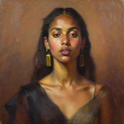 detailed portrait in daring femininity, ethnic, statuesque, realistic confident face, warm glow, bathed in morning light, captured memory, painterly, radiosity, impressionism, warm earthy natural color scheme with contrasting highlights, modern fashion, contemporary art, deep rich hues, oil on canvas