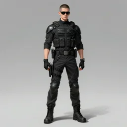 detailed character full body concept of a skinny buzzcut masculine androgynous handsome federal government agent sunglasses tactical bulletproof kevlar artgerm greg rutkowski mucha