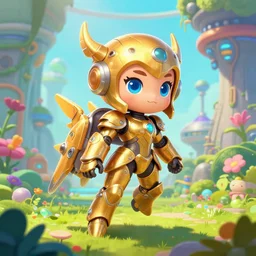 holy cyborg girl with golden armor, cute, scifi, jetpack, alien world, futuristic, utopia, garden, colorful, cheerful, illustration, atmosphere, top lighting, blue eyes, focused, artstation, highly detailed, art by yuhong ding and chengwei pan and serafleur and ina wong