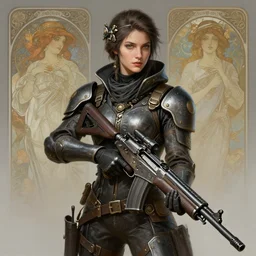 A full portrait of a beautiful post apocalyptic heavy gunner, intricate, elegant, highly detailed, digital painting, artstation, concept art, smooth, sharp focus, illustration, art by Krenz Cushart and Artem Demura and alphonse mucha