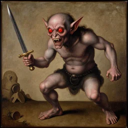 Renaissance painting of goblin with red eyes raging rusty sword