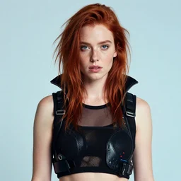 photo of a twenty year old woman in cyberpunk fashion taken by annie leibovitz, red hair, freckles