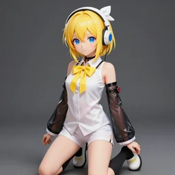 anime girl with short yellow hair, blue eyes, white headphones on her head and a white bow, dressed in a white sleeveless shirt with a yellow bow around her neck, black transparent armbands on her hands, white shorts and black knee socks and white shoes with yellow inserts., anime style, elegant, highly detailed, digital painting, artstation, concept art, smooth, sharp focus, digital art, hyperdetalied, video game icon artstation lois van baarle, ilya kuvshinov, rossdraws