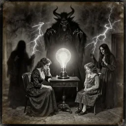 spirit photography with glowing bulbous ectoplasm, scary shadow people, couple mourning, sleep paralysis demon, plasma lightning bolts, 1 9 0 0 s, slimer, summoning tall horned demon, mourning family, invoke fear and dread, old photograph, daguerreotype