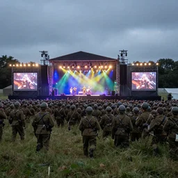 Battle of the Somme but the soldiers are at outdoor concert with led lights painting 1916