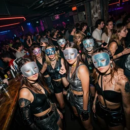 photograph of a retro techwear female group near the bar of a packed busy rundown nightclub, lots of people, sharp and sparkly masks, retrofuturism, brutalism, cyberpunk, sigma 85mm f/1.4, 15mm, 35mm, tilted frame, long exposure, 4k, high resolution, 4k, 8k, hd, wide angle lens, highly detailed, full color, harsh light and shadow, diverse