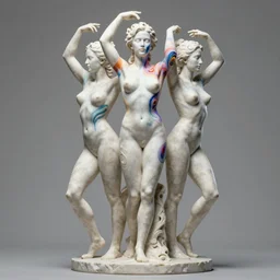 sculpture statue of Nicole Kidman by Jean-Baptiste Carpeaux and Luo Li Rong and Michael James Talbot, all body, standing athletic pose, perfect symmetrical face, psychedelic, bodypaint, colored, white marble, in full growth, elegant, realistic, 8K, female full-skin figure, hyperrealism, subsurface scattering, raytracing, rim light, Octane Render, Redshift, Zbrush