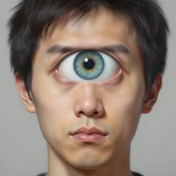 Painted portrait of an unbrushed man without nose and without mouth, but with one enormous eye in the center of the forehead. High detail, hyperrealism, fantasy art, 8k