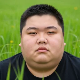 high quality photo of a fat person in a grassfield, high quality face