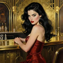 a crafty seductive woman in a cocktail dress. she has long wavy black hair and green eyes and a direct, piercing gaze. she is in a brass retro futuristic art deco bar. beautiful painting by artgerm and greg rutkowski and ilya kuvshinov