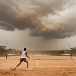 an epic tennis match battle during a sandstorm