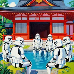 close - up image of a japanese red house with a pond, with stormtroopers sitting around it, pop - art style, the style of andy warhol, roy lichtenstein and jackie tsai, bright and saturated palette, acrylic on canvas