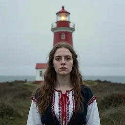 beautiful woman faces camera. folk horror. lighthouse