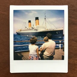 polaroid photo homemade photo of a family in the deck of the titanic looking the sea, august 1968, color photo, award winning